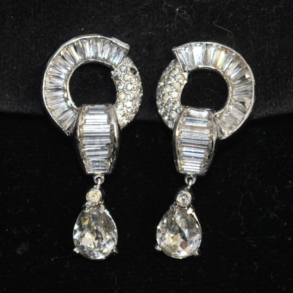 Vintage Mid-century Joseph Mazer Rhinestone Clip-on Drop Earrings